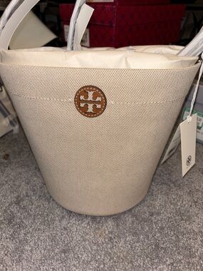 Tory Burch Cream Canvas Bucket Tote with Logo Medallion